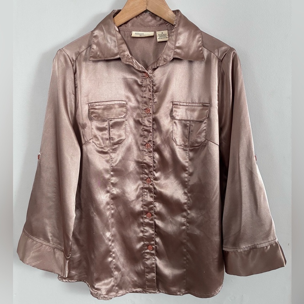 Allison Brittney Satin Button Down Shirt in Taupe Sz Medium